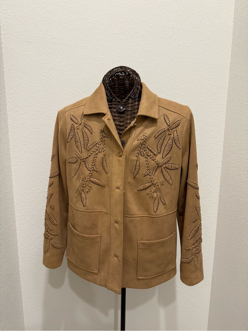 Classic Tan Suede Jacket with Embroidered Leaf Detail